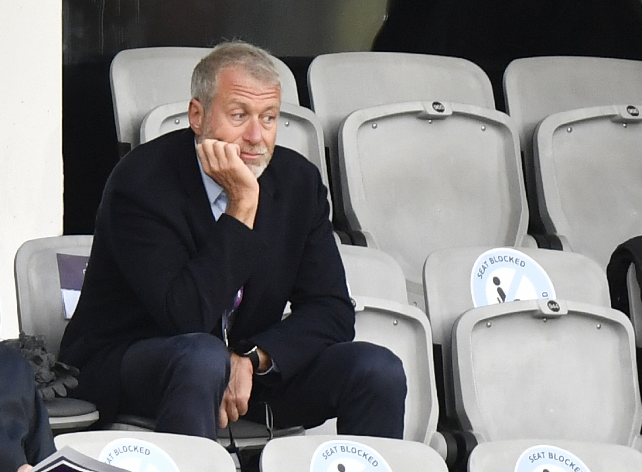 Chelsea soccer club owner Roman Abramovich, right, attends the UEFA Women's Champions League final soccer match between Chelsea FC and FC Barcelona in Gothenburg, Sweden, Sunday, May 16, 2021. (AP Photo/Martin Meissner)